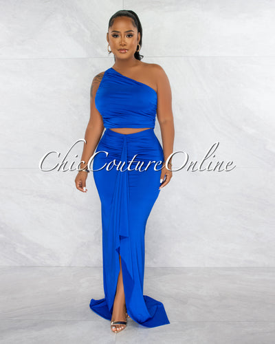 *Jeremiah Royal Blue Draped Crop Top & Maxi Skirt Set