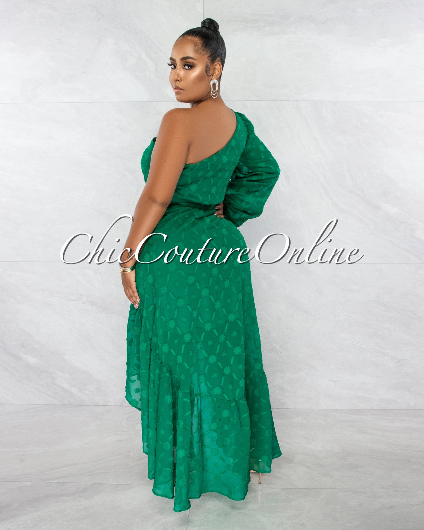 *Mathias Green Embroidery Single Shoulder Hi-Lo Maxi Dress