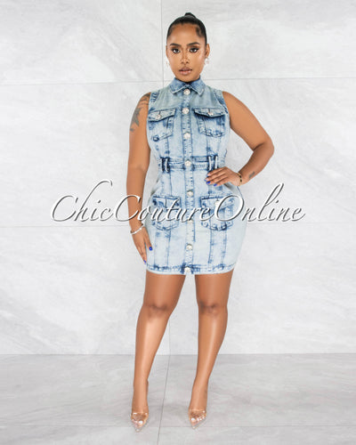 *Terry Light Washed Denim Shirt Dress