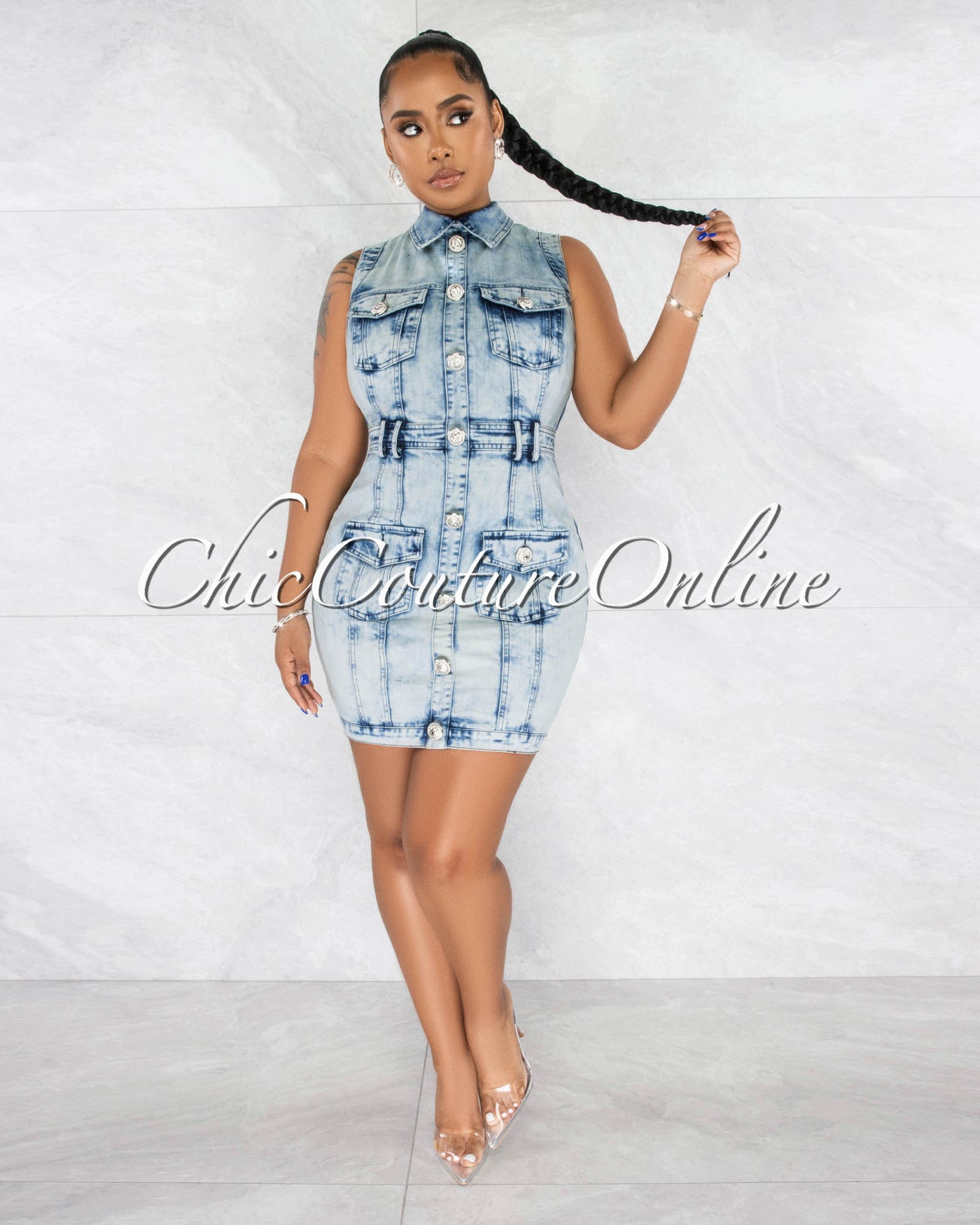 *Terry Light Washed Denim Shirt Dress