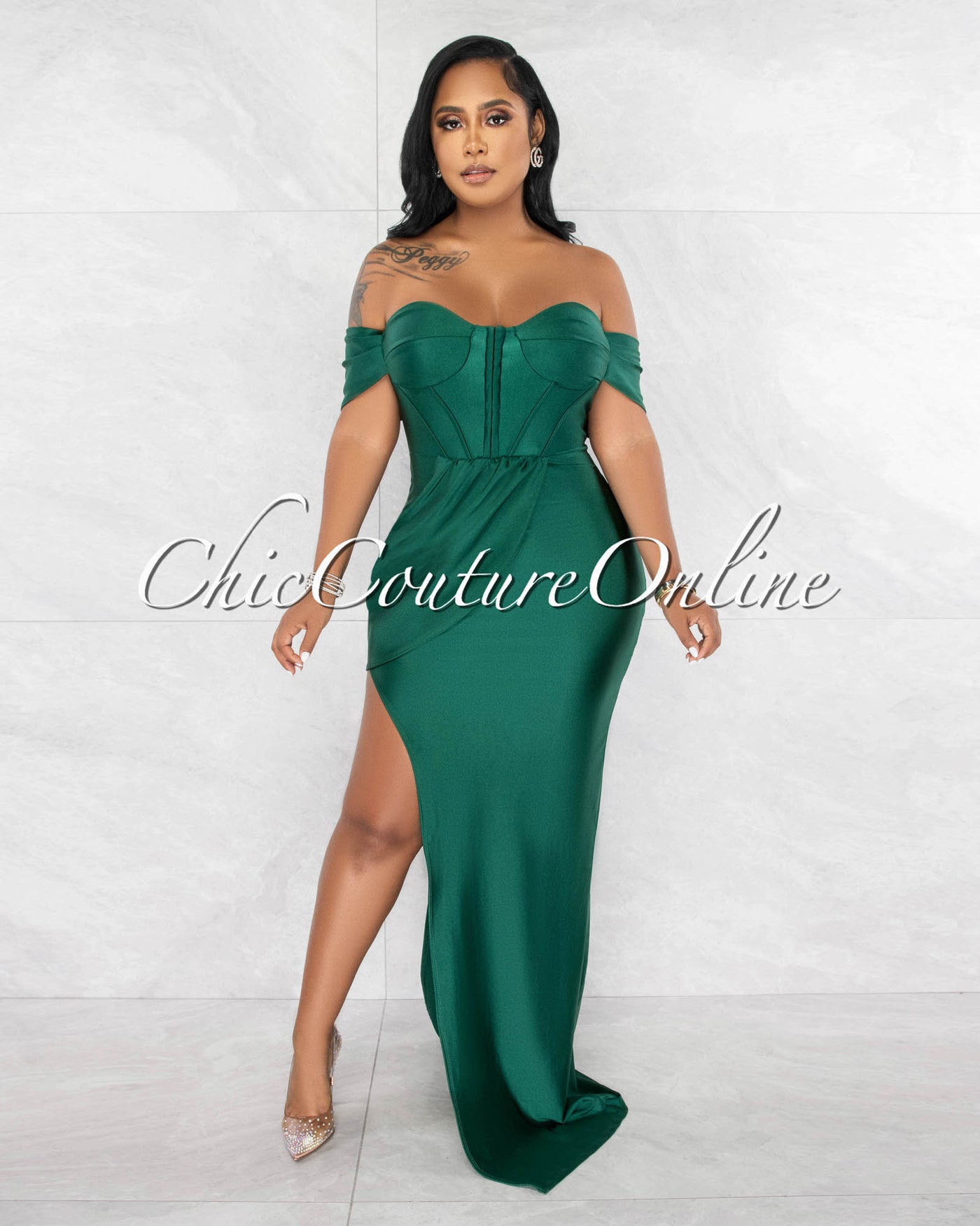 Raisa Hunter Green Corset Style Draped High Slit Maxi Dress Chic Couture Online Raisa Hunter Green Corset Style Draped High Slit Maxi Dress Chic Couture Online