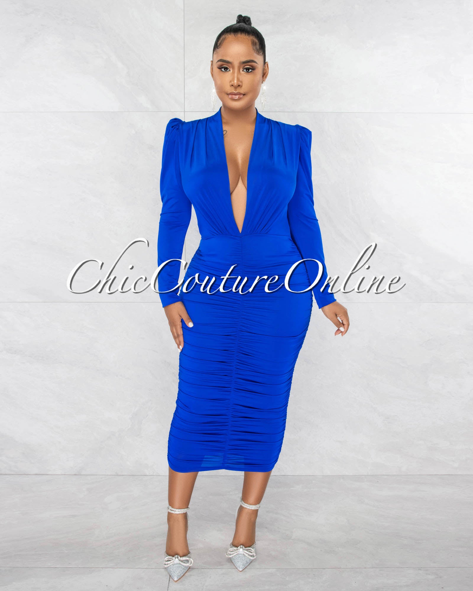 *Yelena Royal Blue Deep V-Neck Ruched Midi Dress