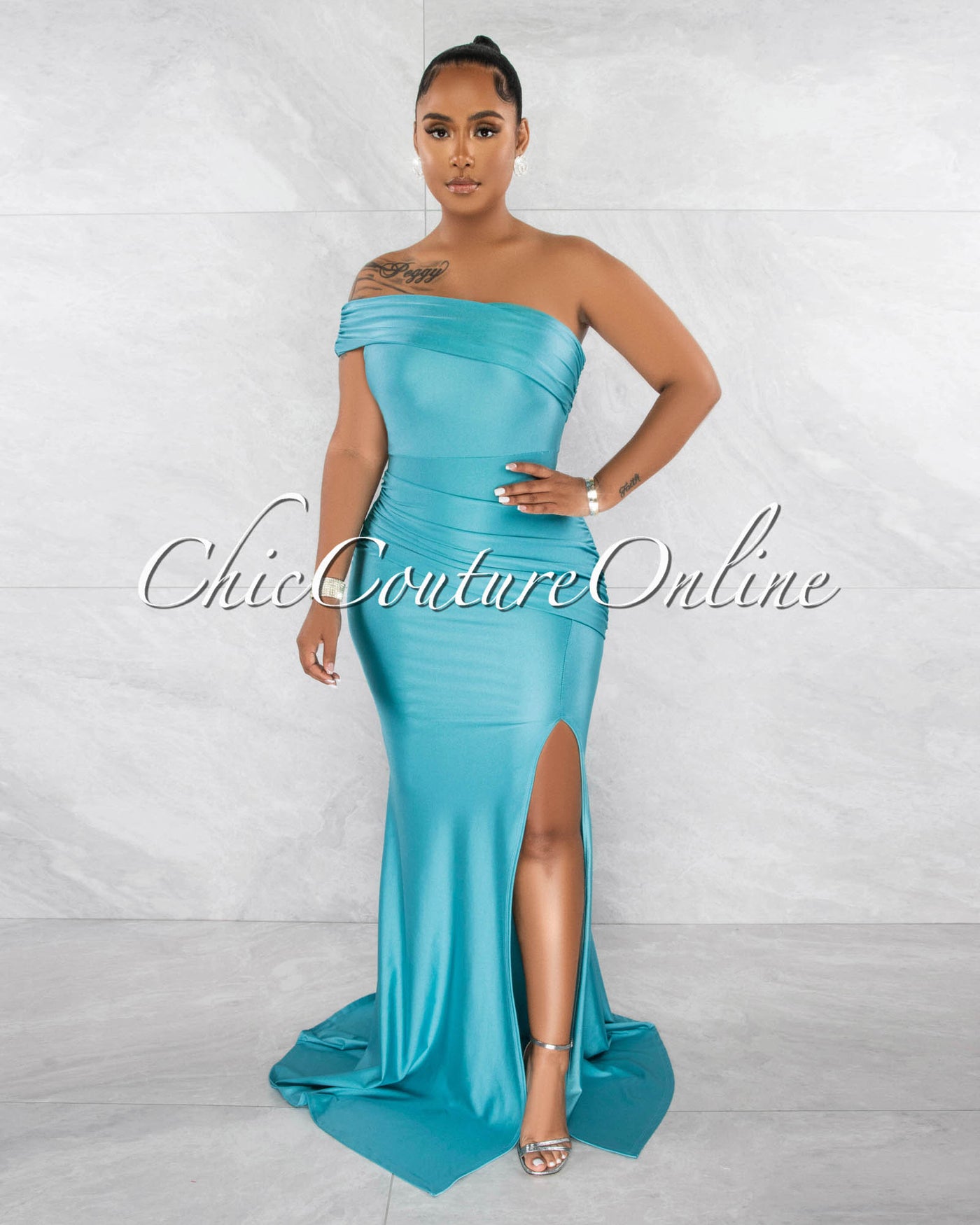 Hender Turquoise Drape Single Shoulder Side Slit Maxi Dress