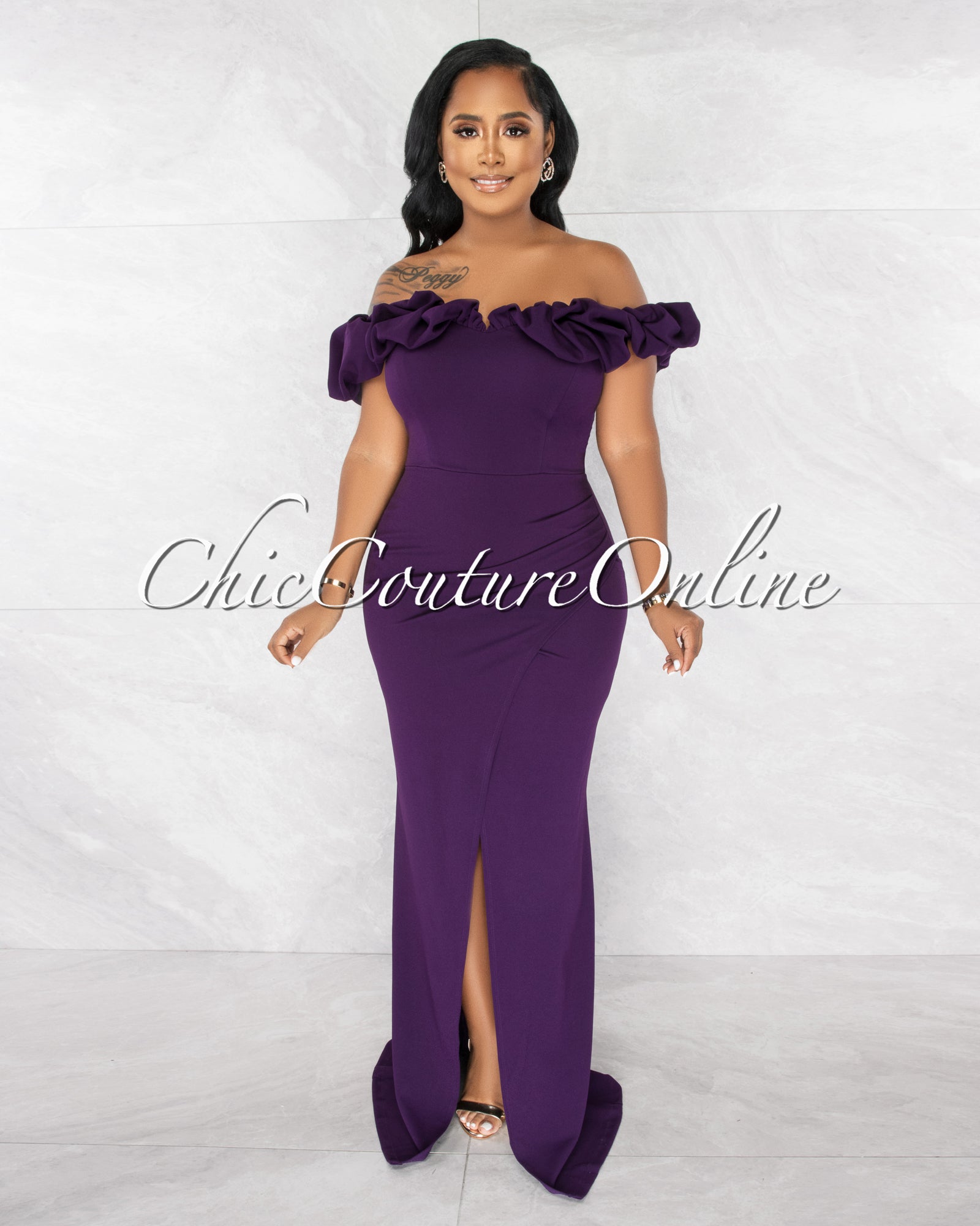 Clinton Purple Bubble Neckline Slit Maxi Dress