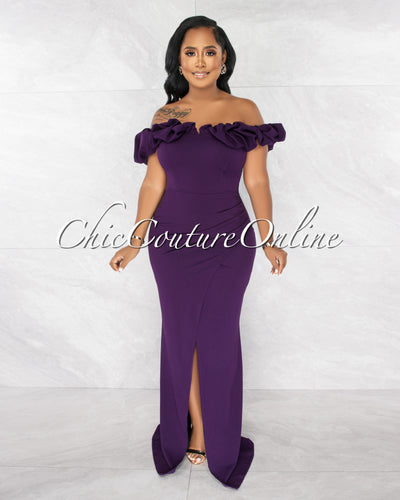 *Clinton Purple Bubble Neckline Slit Maxi Dress