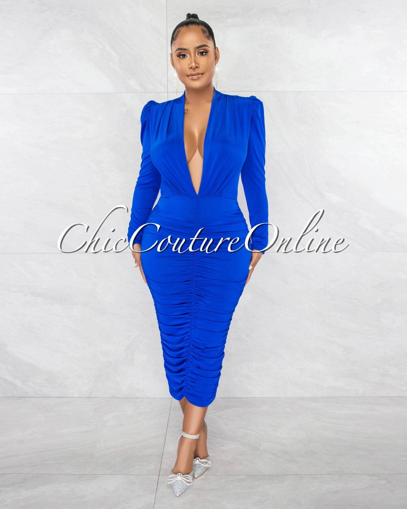 Yelena Royal Blue Deep V-Neck Ruched Midi Dress