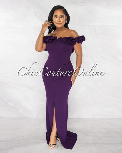 *Clinton Purple Bubble Neckline Slit Maxi Dress