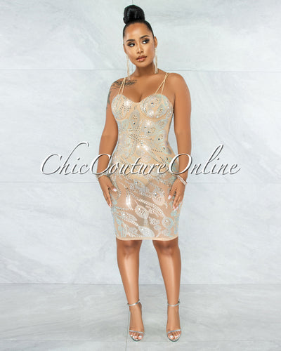 *Lessa Nude Iridescent Rhinestones Mesh Bodysuit Dress