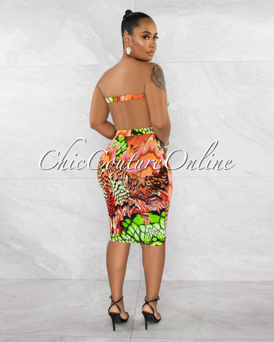 *Josiah Orange Multi-Color Print Cut-Out Midi Dress