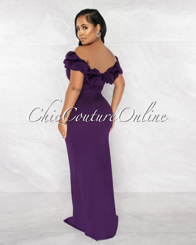 *Clinton Purple Bubble Neckline Slit Maxi Dress