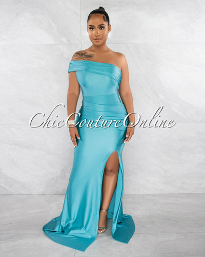 Hender Turquoise Drape Single Shoulder Side Slit Maxi Dress