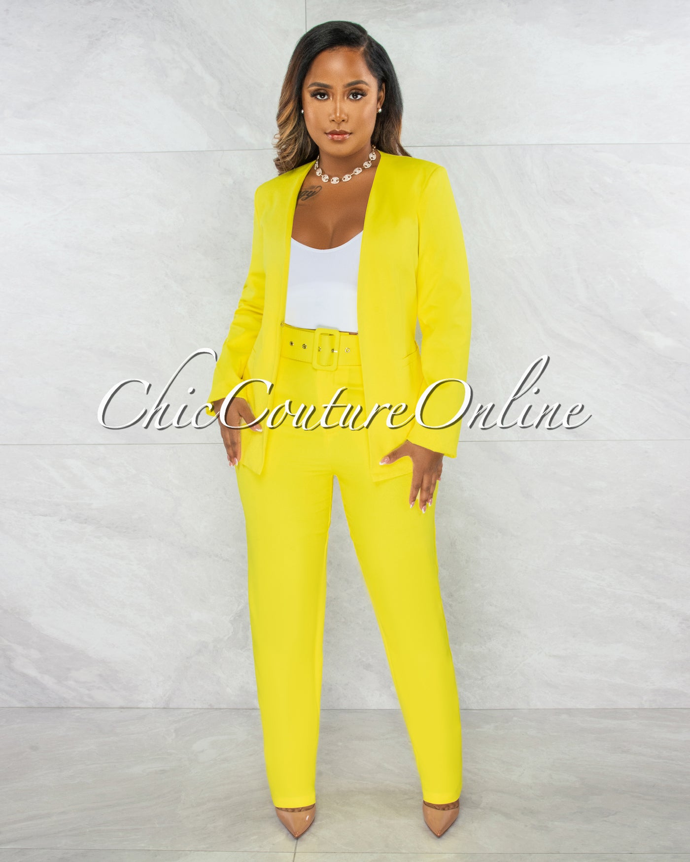 *Eciana Yellow Open Blazer & Belted Pants Set