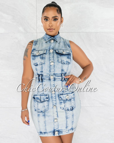 *Terry Light Washed Denim Shirt Dress