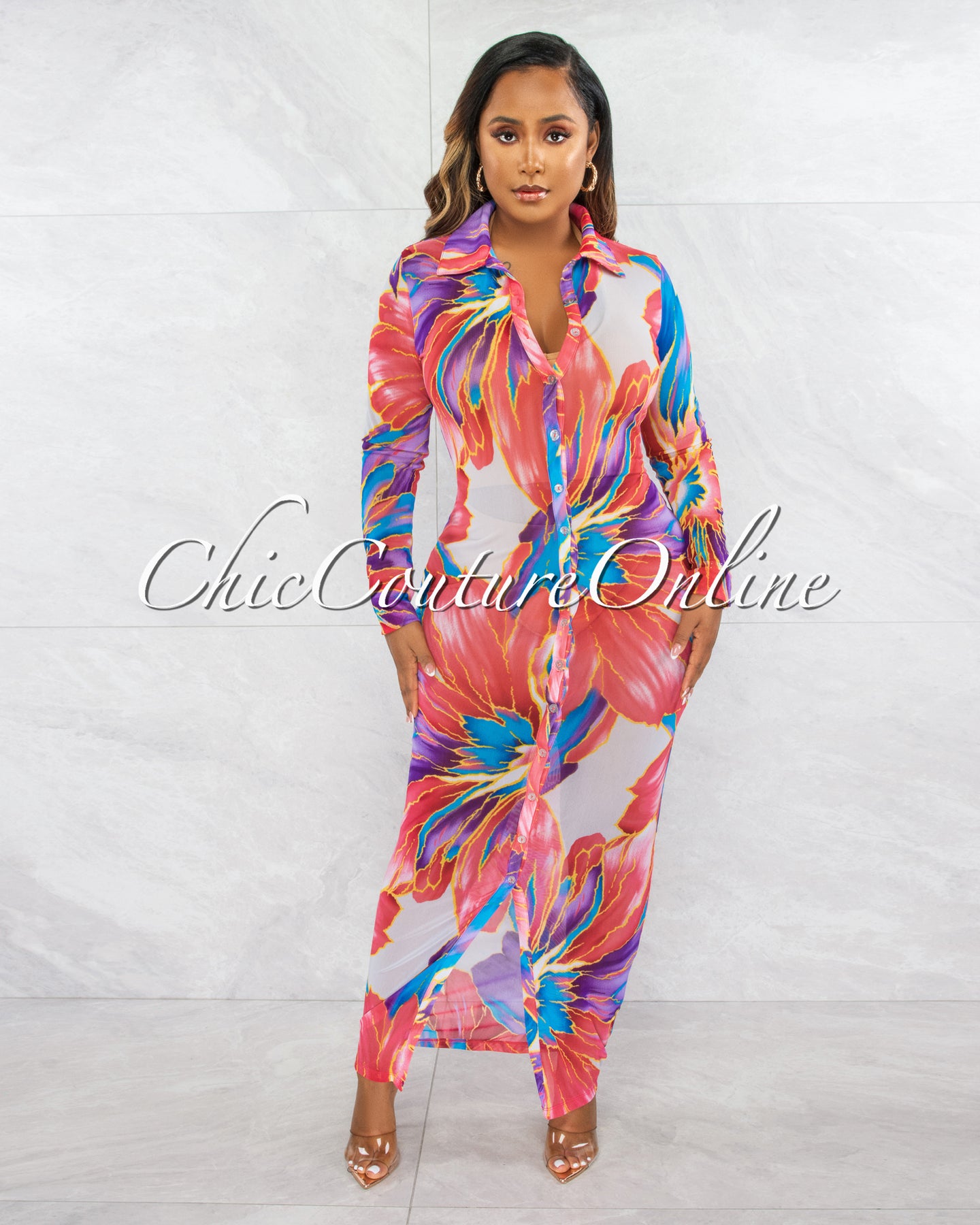 Morlina Red Blue Print Mesh Sheer Maxi Shirt Dress – Chic Couture Online