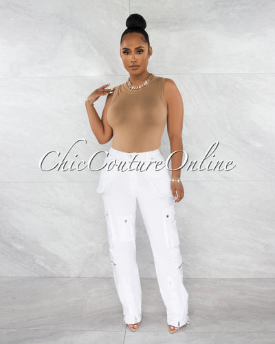 *Madison Off-White Silver Accents Wide Cargo Pants