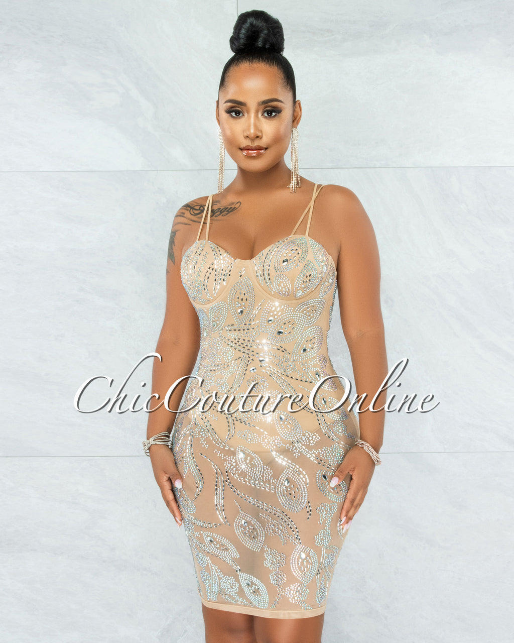 *Lessa Nude Iridescent Rhinestones Mesh Bodysuit Dress