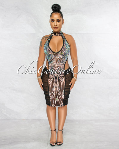 Nemesia Black Iridescent Sequins Cut-Out Sheer Dress