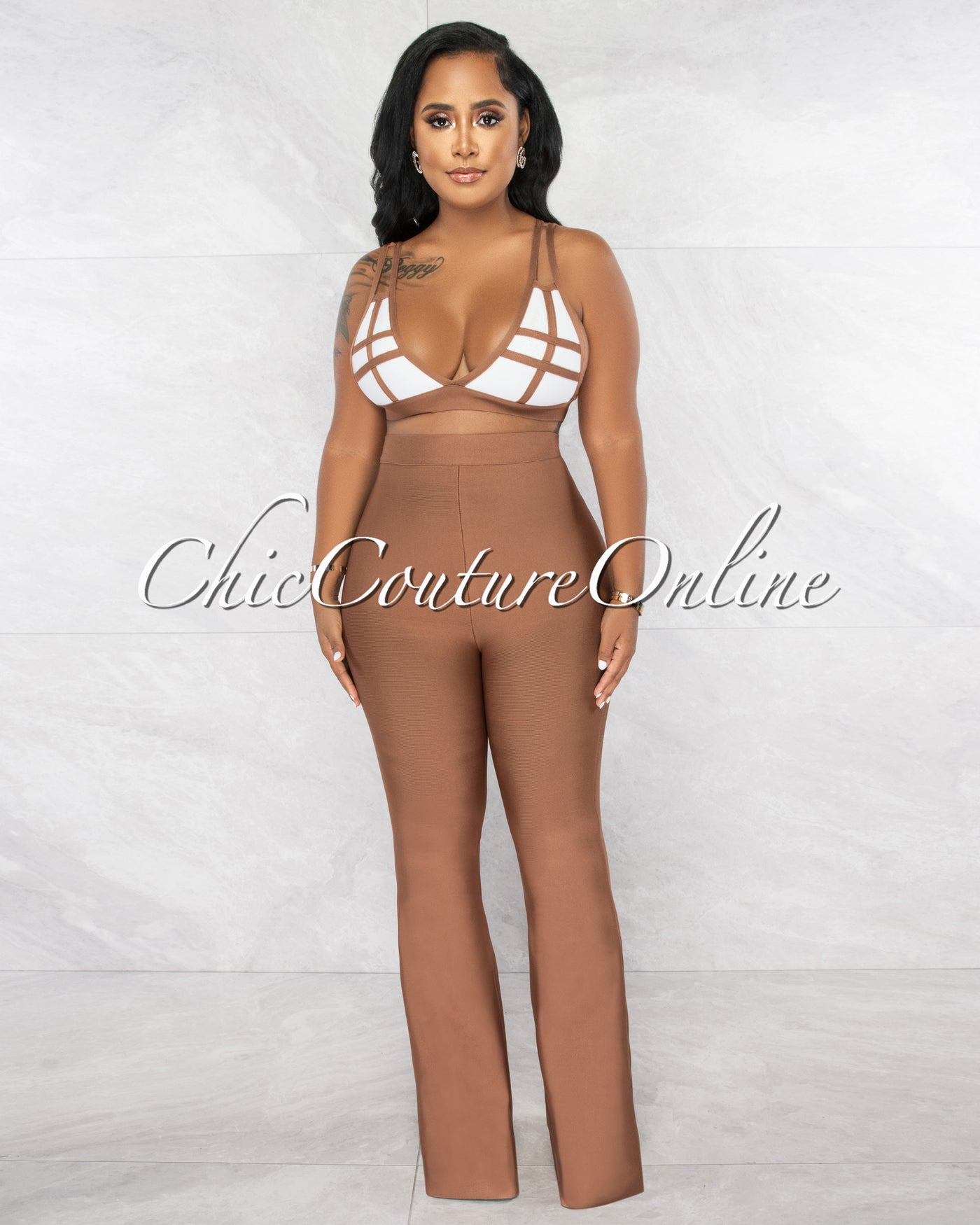 *Hiero Mocha White Crop Top & Bell Legs Pants Bandage Set