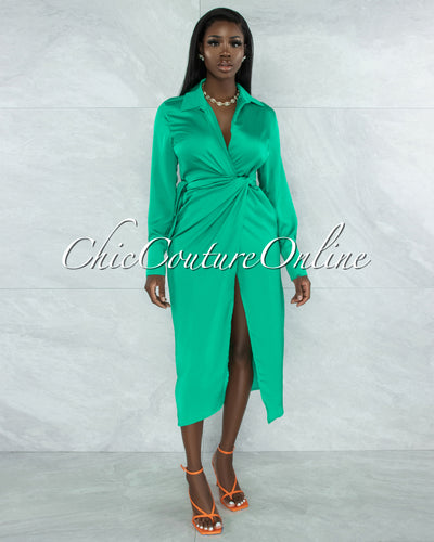 *Diane Emerald Green Wrap Satin Midi Dress