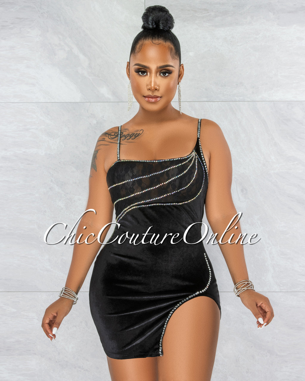 *Furina Black Lace Seer Bust Rhinestones Velvet Mini Dress