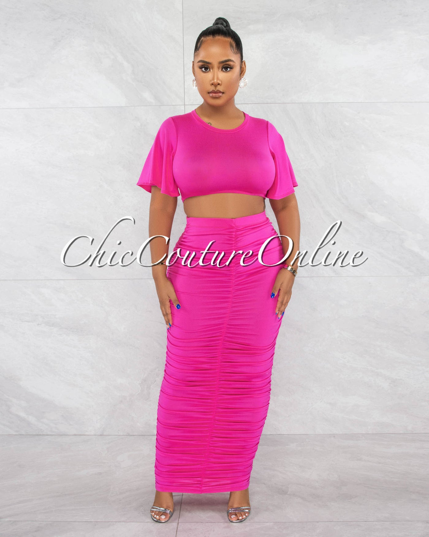 *Pharia Hot Pink Crop Top & Ruched Maxi Skirt Set