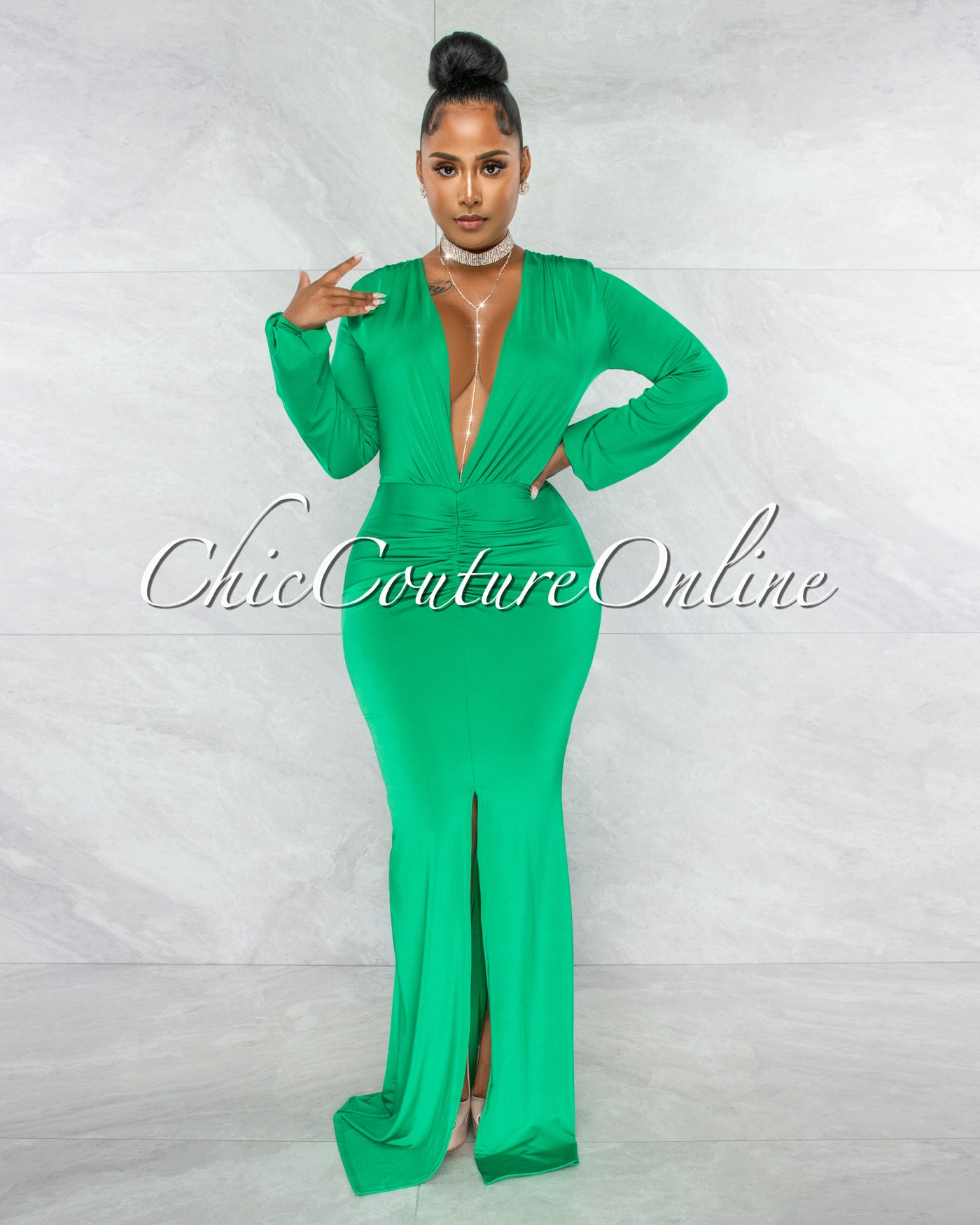 Solada Green V-Neck Long Sleeves Front Draped Maxi Dress