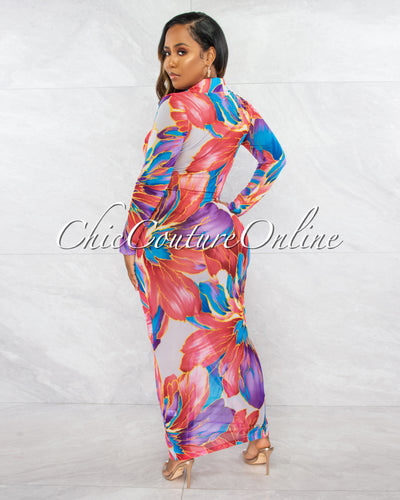 *Morlina Red Blue Print Mesh Sheer Maxi Shirt Dress