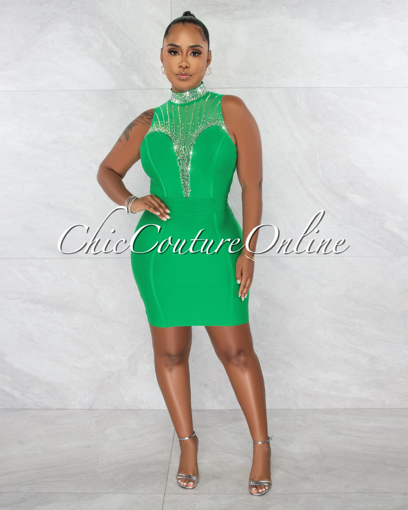 *Abria Green Mesh Rhinestones Décor Bandage Dress