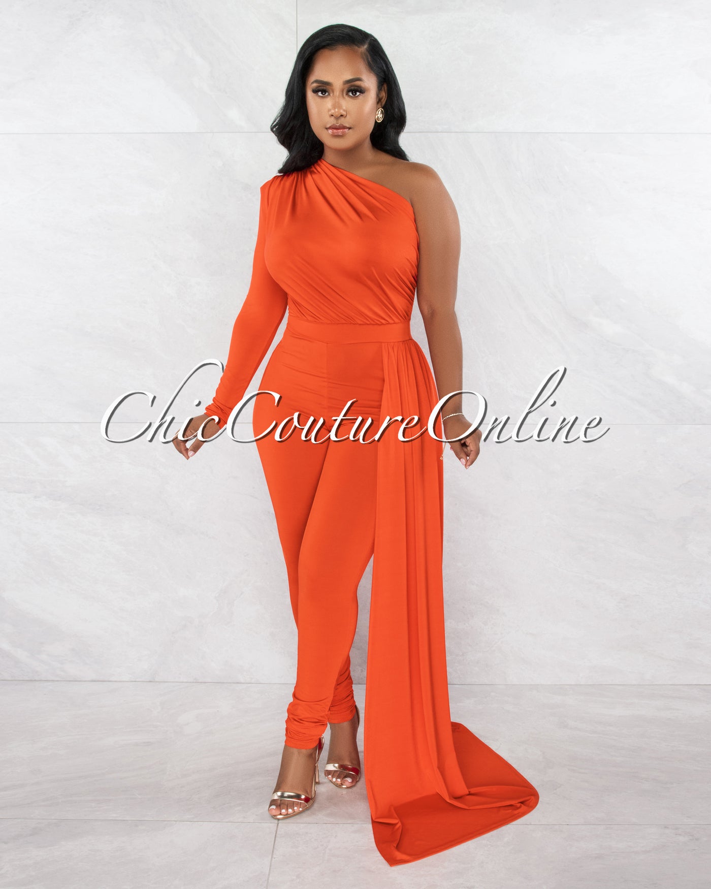 *Thayana Orange Single Sleeve Train Jumpsuit Dress