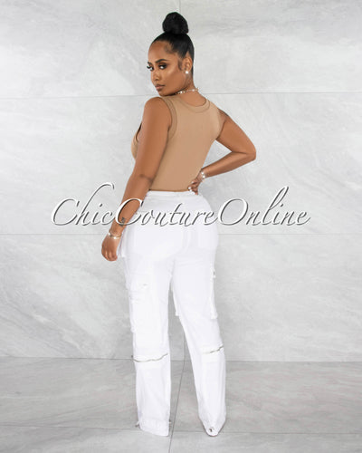 *Madison Off-White Silver Accents Wide Cargo Pants