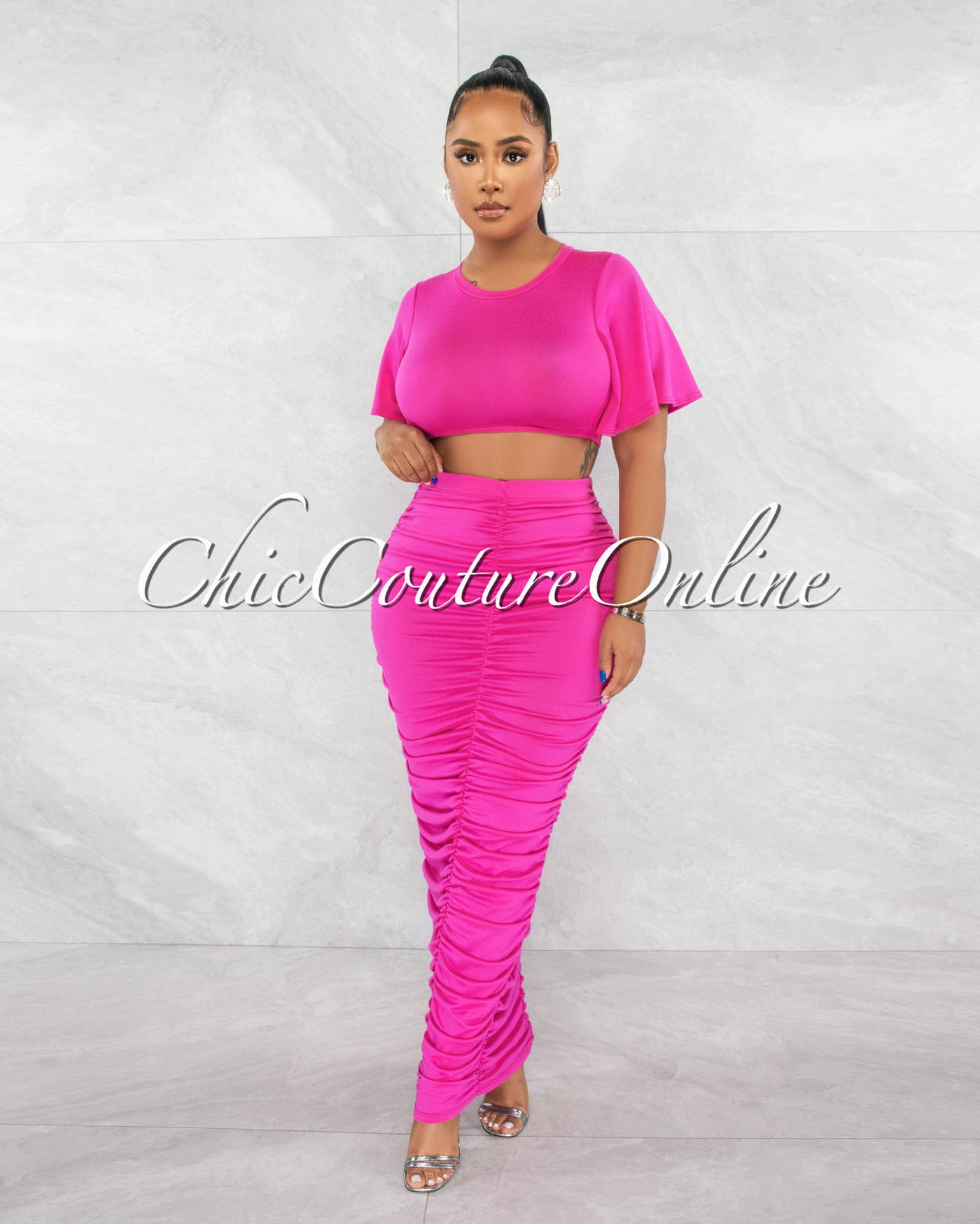 *Pharia Hot Pink Crop Top & Ruched Maxi Skirt Set