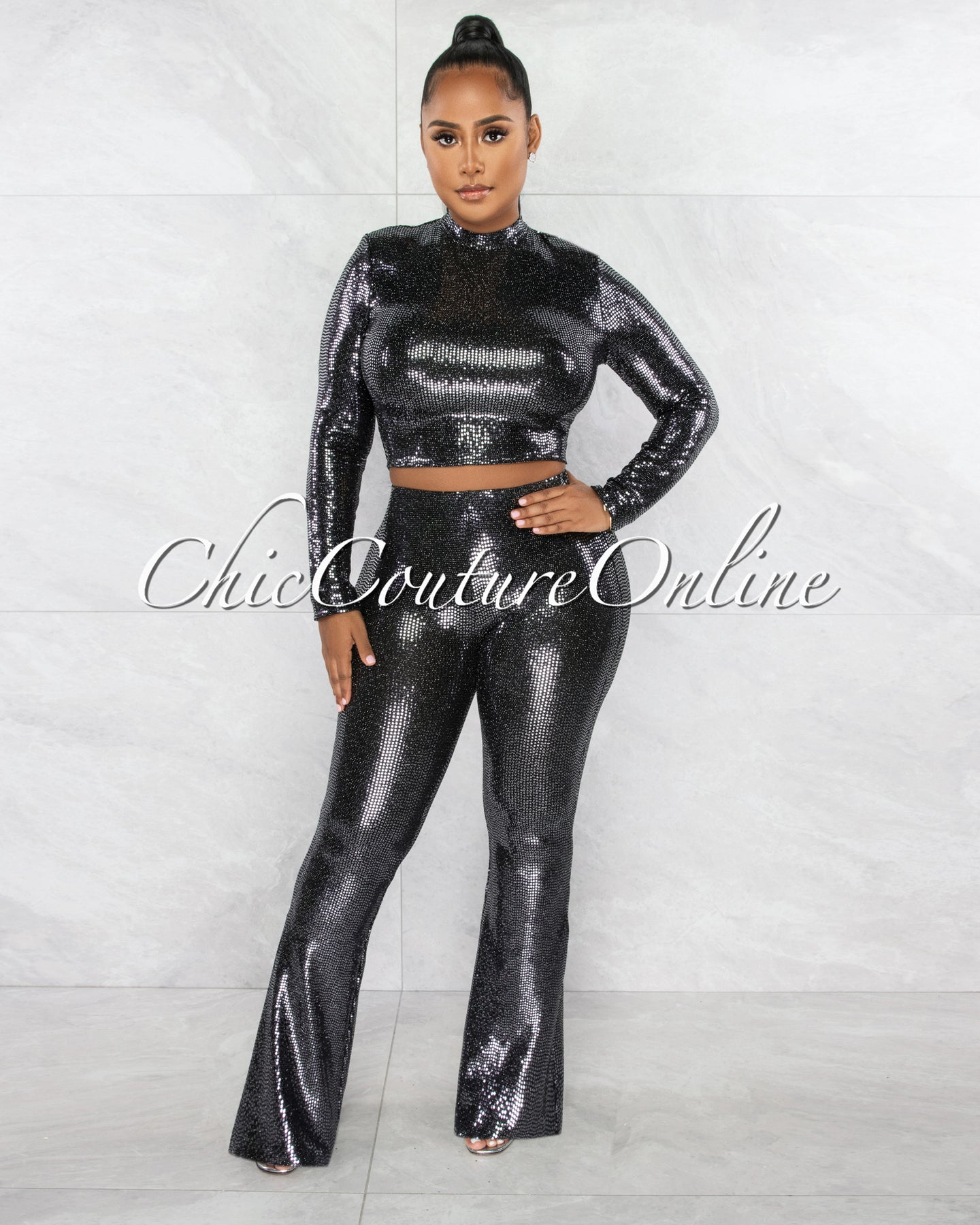 *Batya Black Silver Sequins Back Cut-Out Top & Wide Pants Set