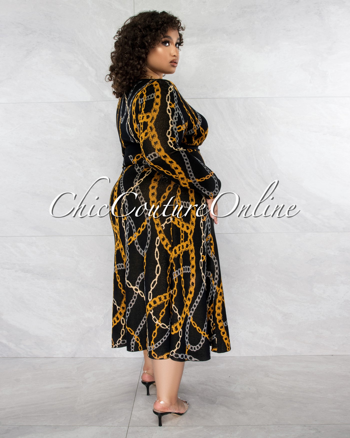 Chalsey Black Mustard Wrap Style Sweater CURVY Midi Dress