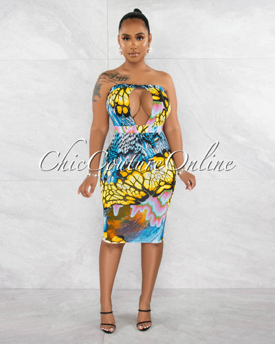 *Josiah Blue Multi-Color Print Cut-Out Midi Dress