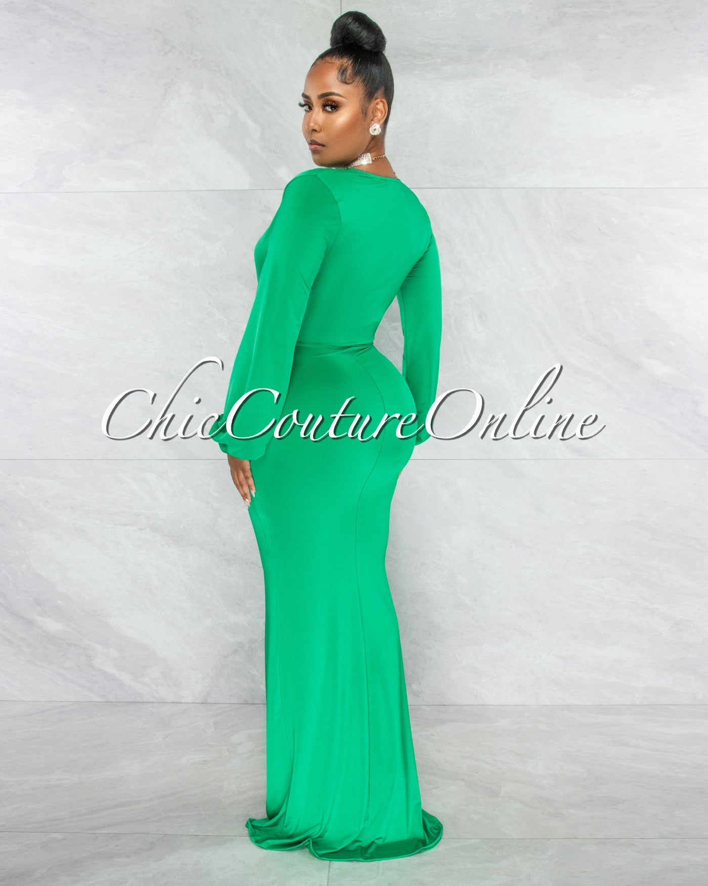 Solada Green V-Neck Long Sleeves Front Draped Maxi Dress