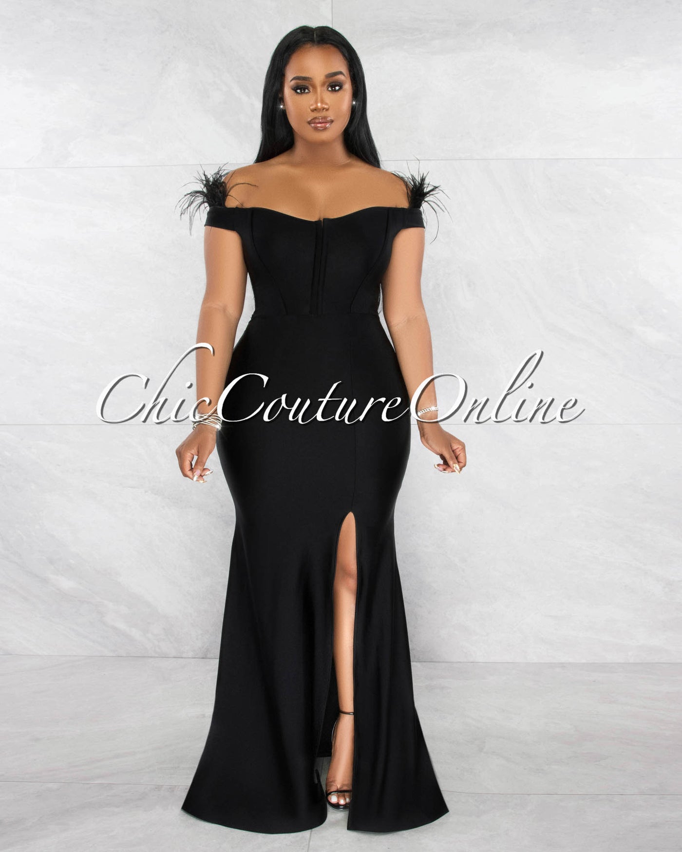 *Leena Black Feather Sleeves Side Slit Mermaid Maxi Dress