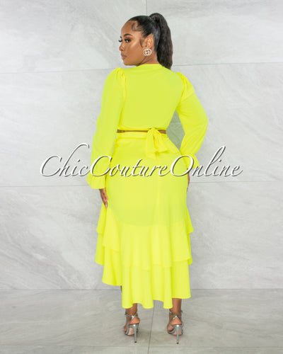*Miranda Neon Green Front Tie Top & Ruffle Skirt Set