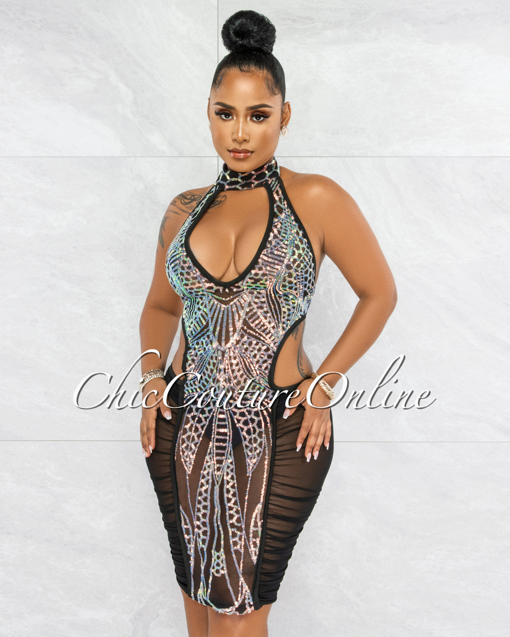 *Nemesia Black Iridescent Sequins Cut-Out Sheer Dress