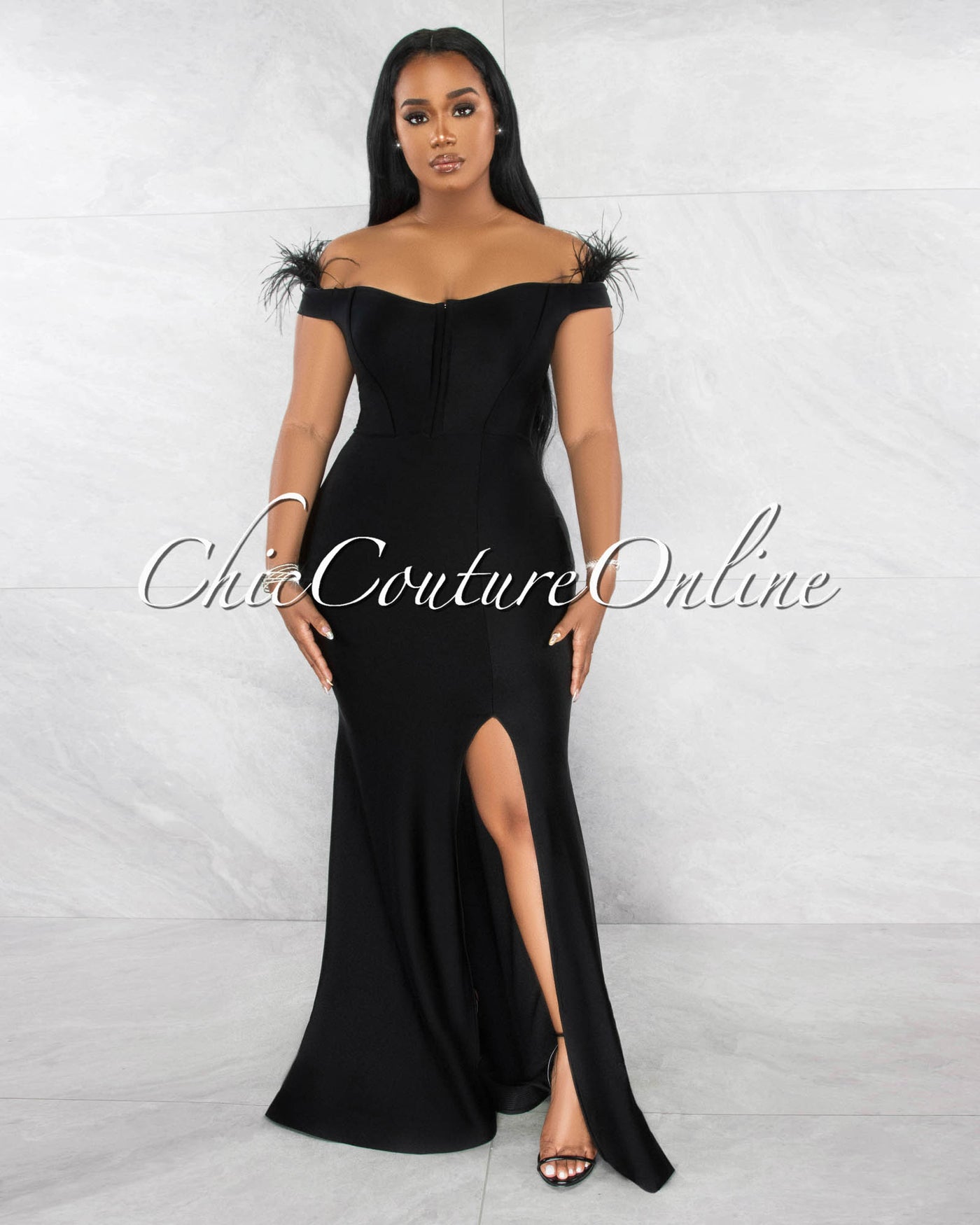 *Leena Black Feather Sleeves Side Slit Mermaid Maxi Dress