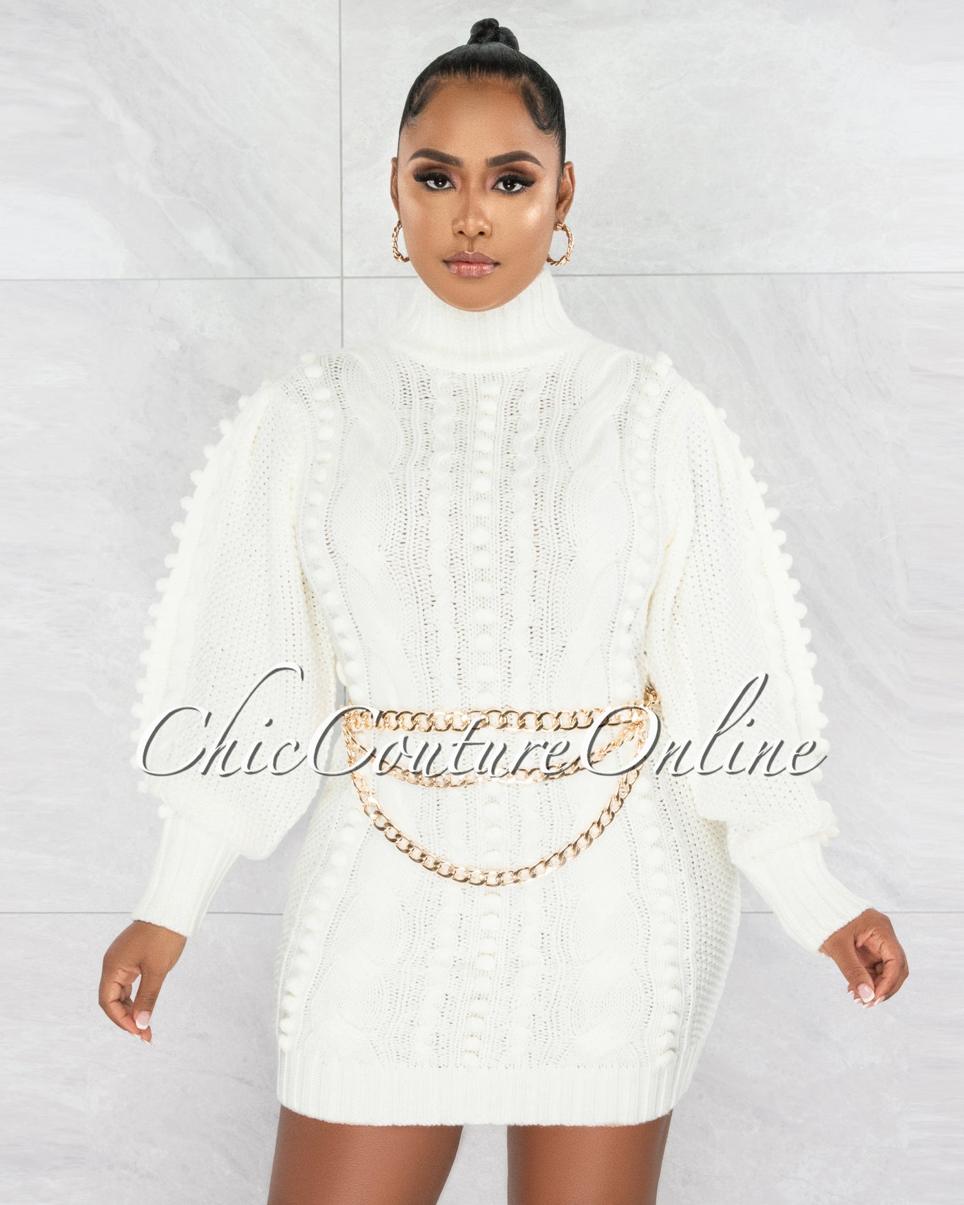 Masika Ivory  Cable Knit Gold Link Belt Sweater Dress