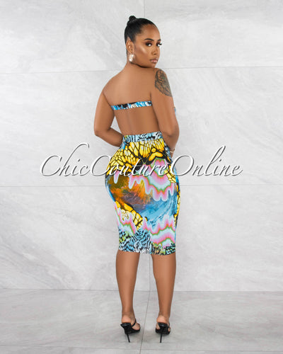 *Josiah Blue Multi-Color Print Cut-Out Midi Dress