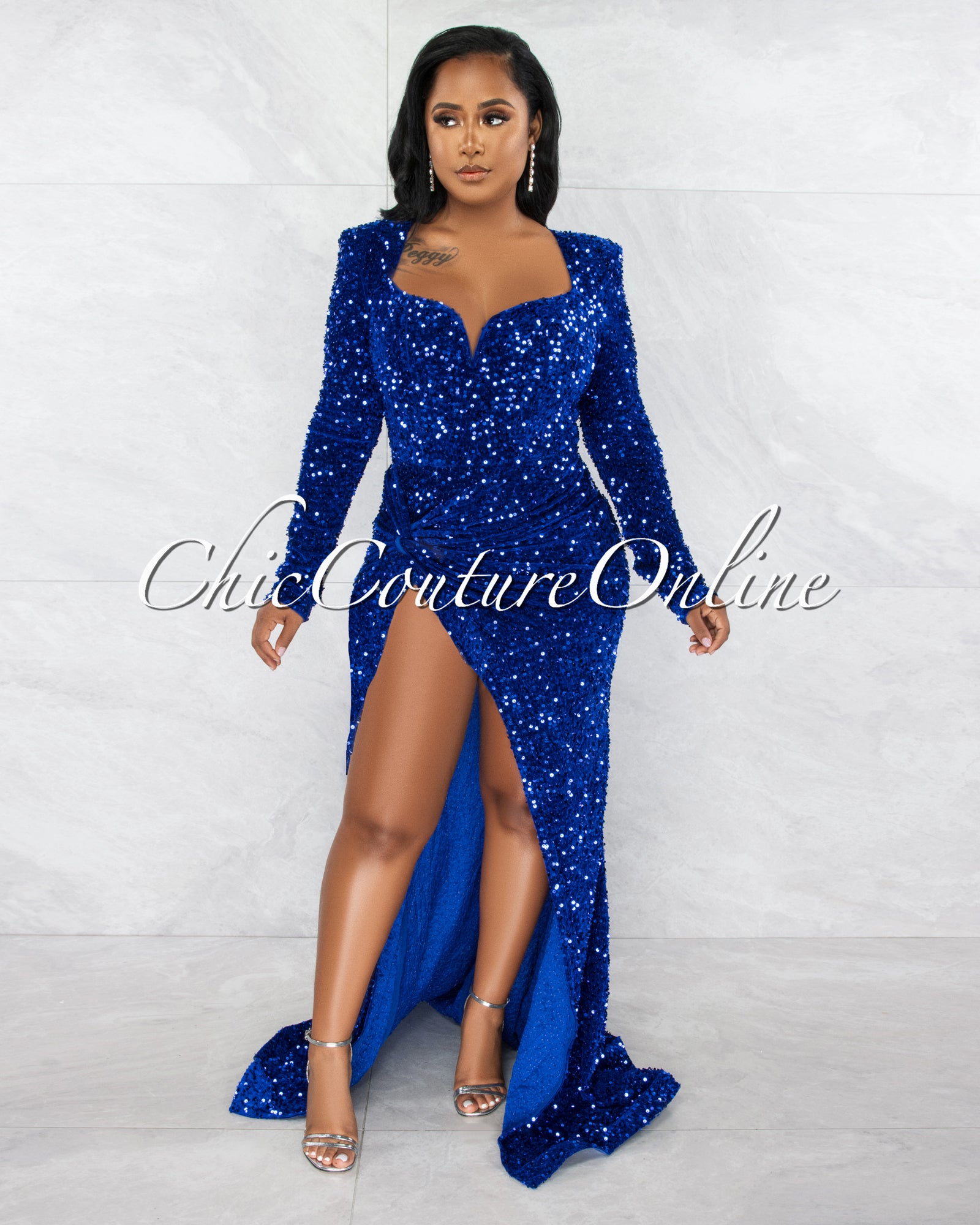 Violette Royal Blue Sequins Queen Anne Long Sleeves Bodysuit Maxi Dres ...