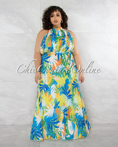 Patience White Multi-Color Print Halter Maxi Pleated CURVY Dress