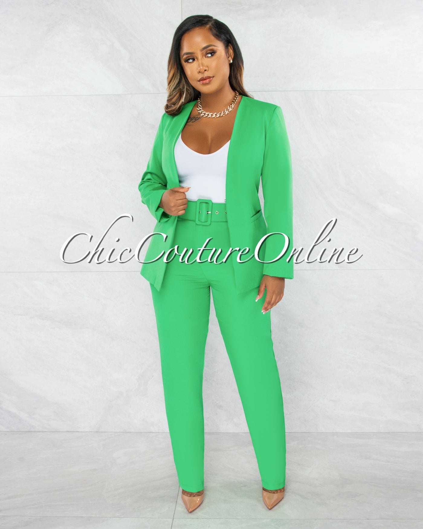 *Eciana Green Open Blazer & Belted Pants Set
