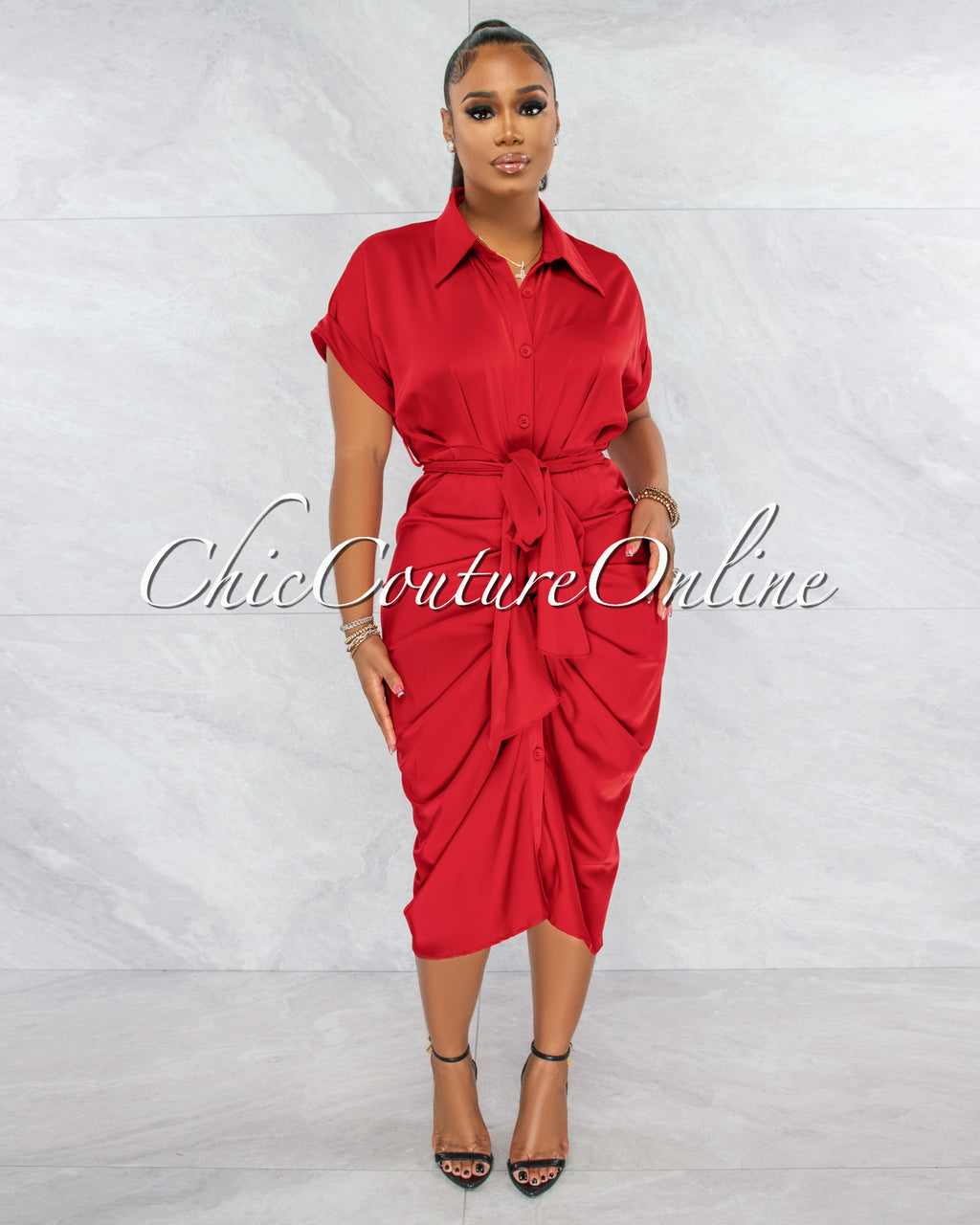 *Valley Red Drape Self-Tie Belt Shirt Midi Dress