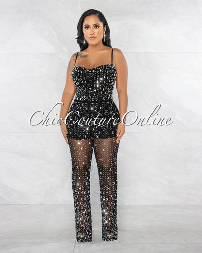 Nikola Black Silver Rhinestones Mesh Sheer Legs Jumpsuit