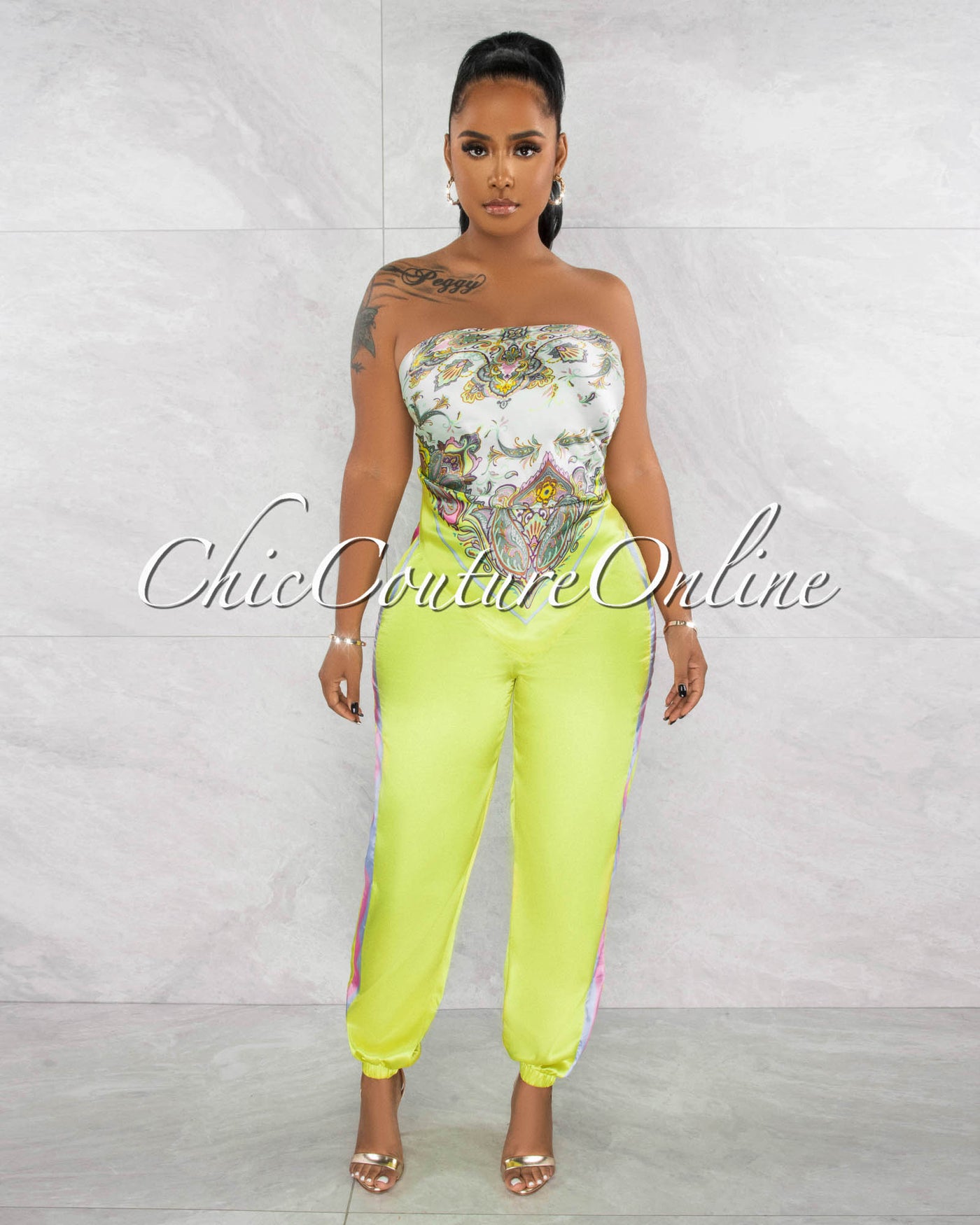 *Margot Lime Print Scarf Top & Track Joggers Set