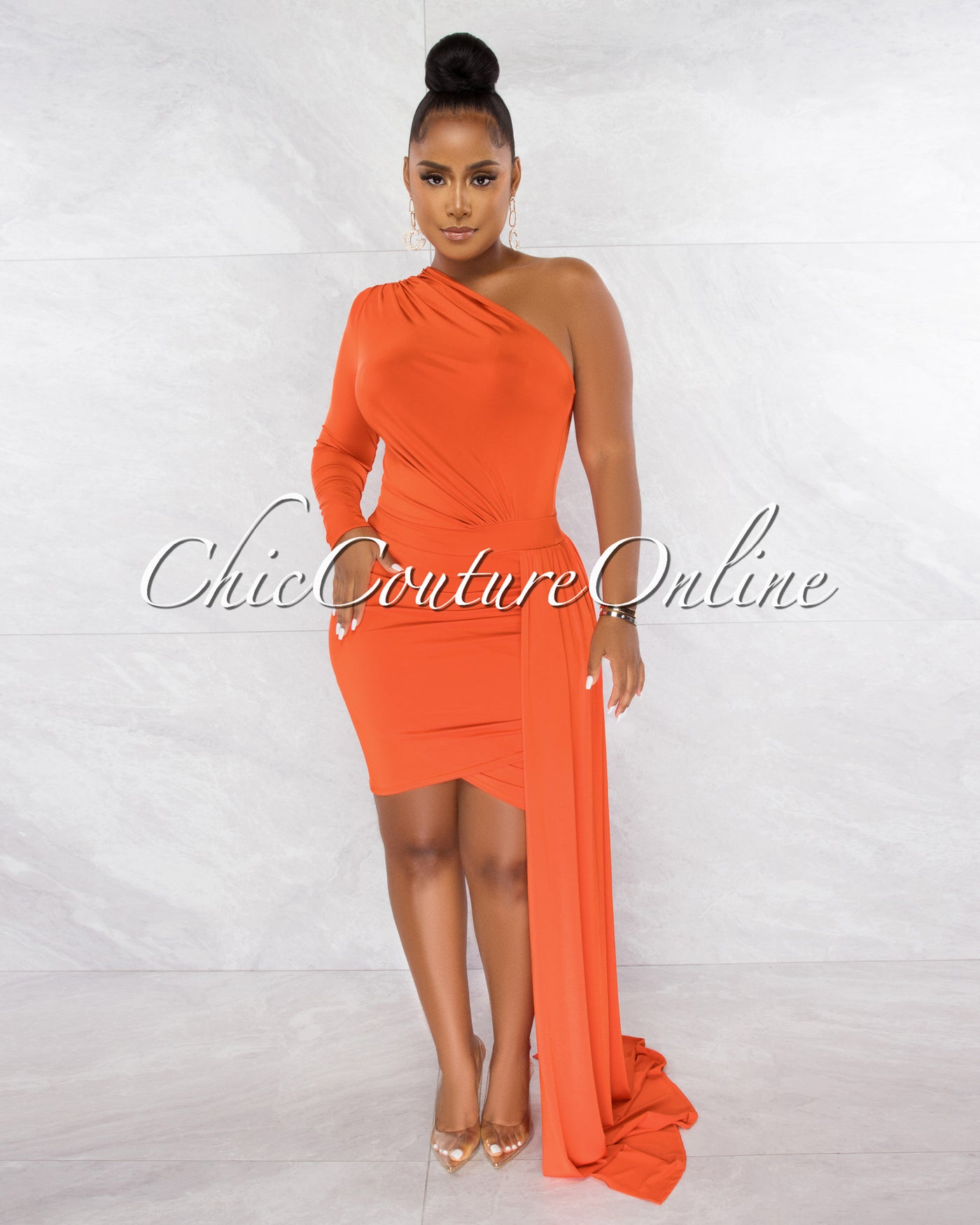 Cameo Orange Single Sleeve Long Strap Accent Dress