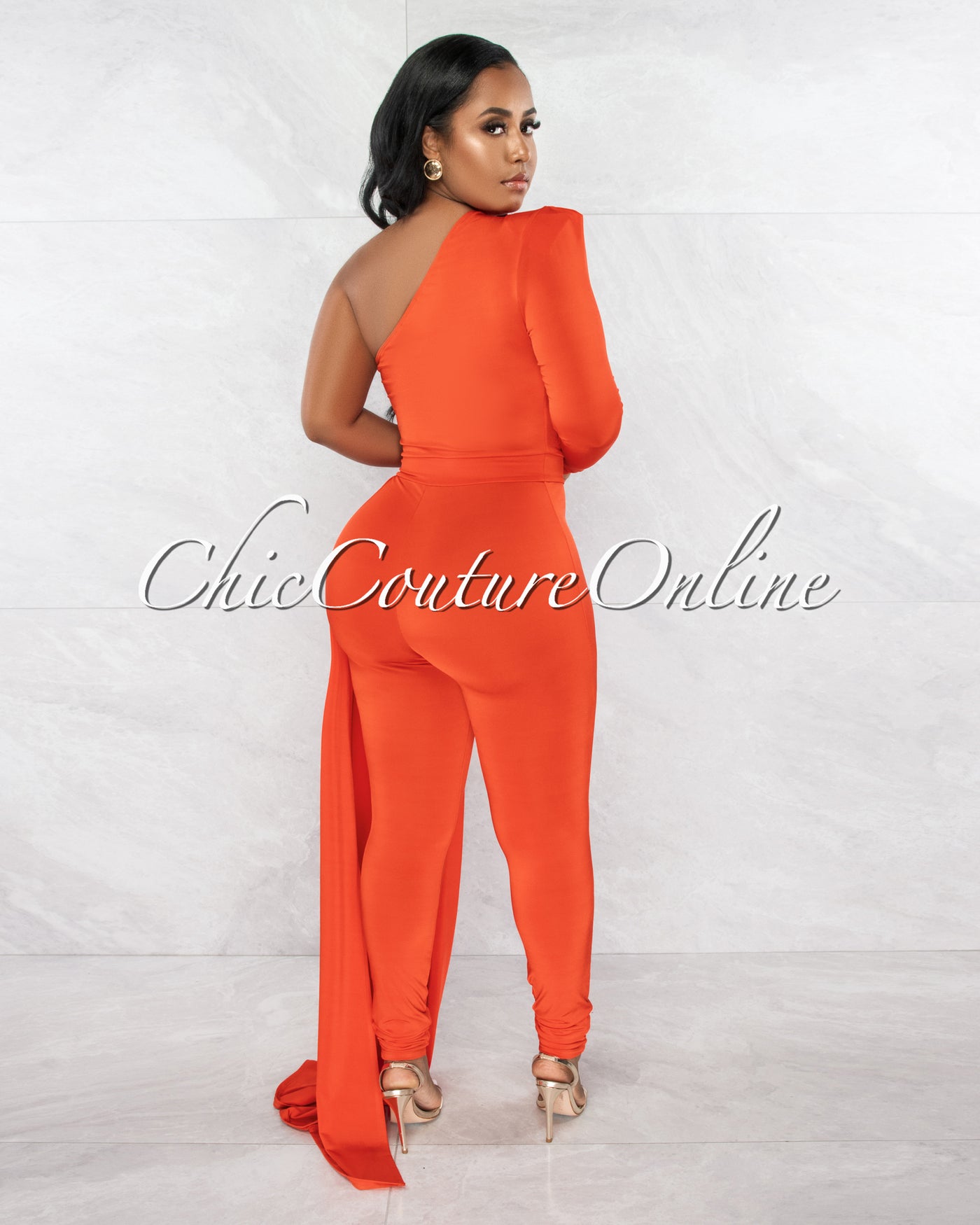 *Thayana Orange Single Sleeve Train Jumpsuit Dress