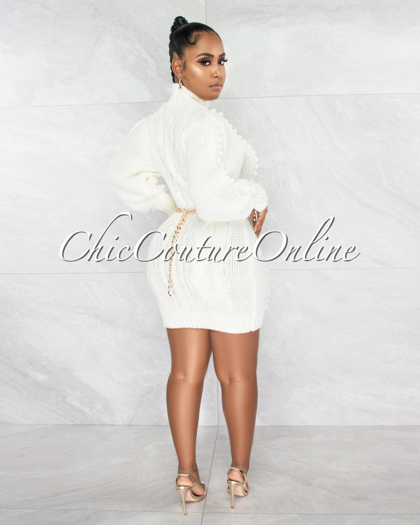 Masika Ivory  Cable Knit Gold Link Belt Sweater Dress
